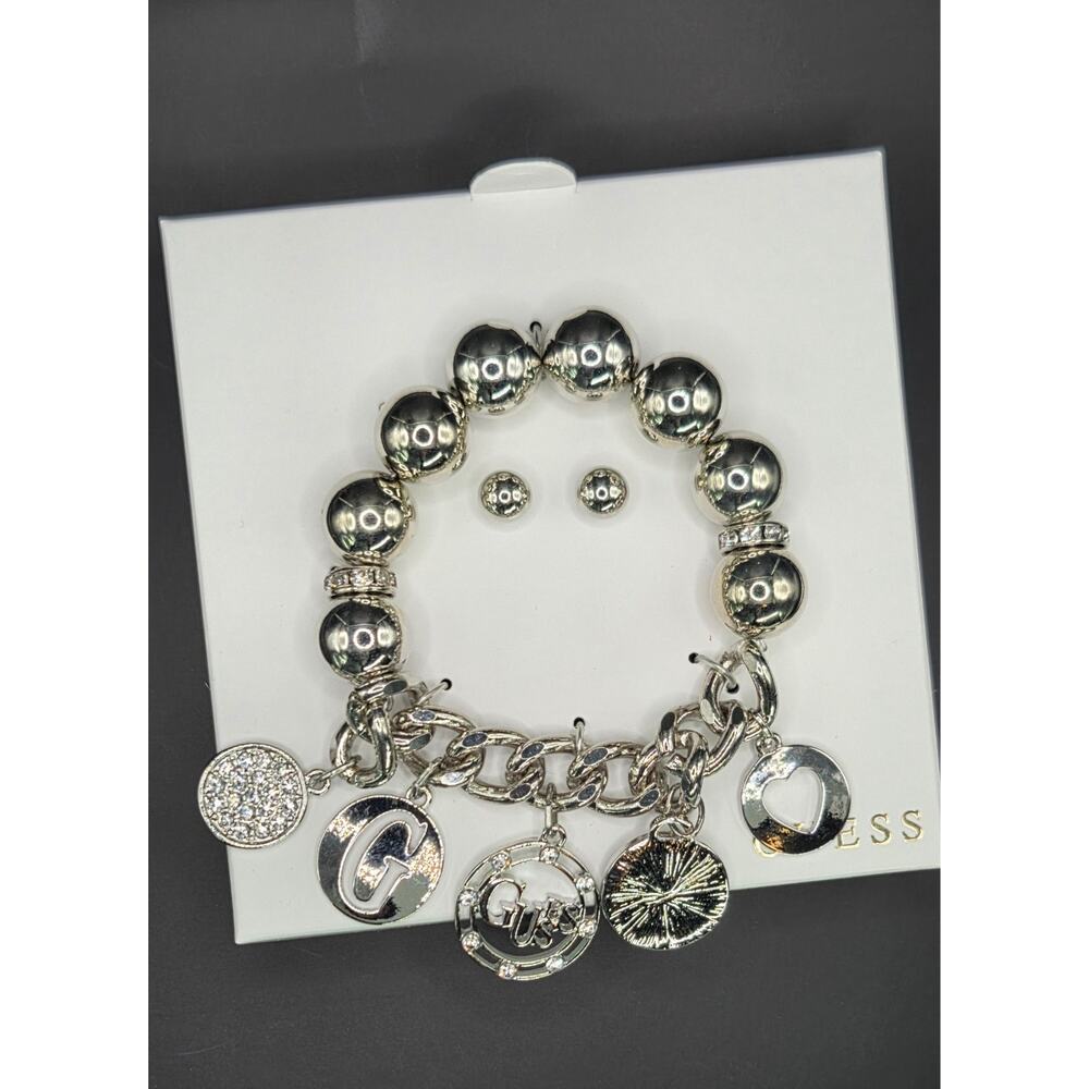 GUESS Silver Tone Logo Charm Jewelry Set Bracelet Stud Earrings in Gift Box